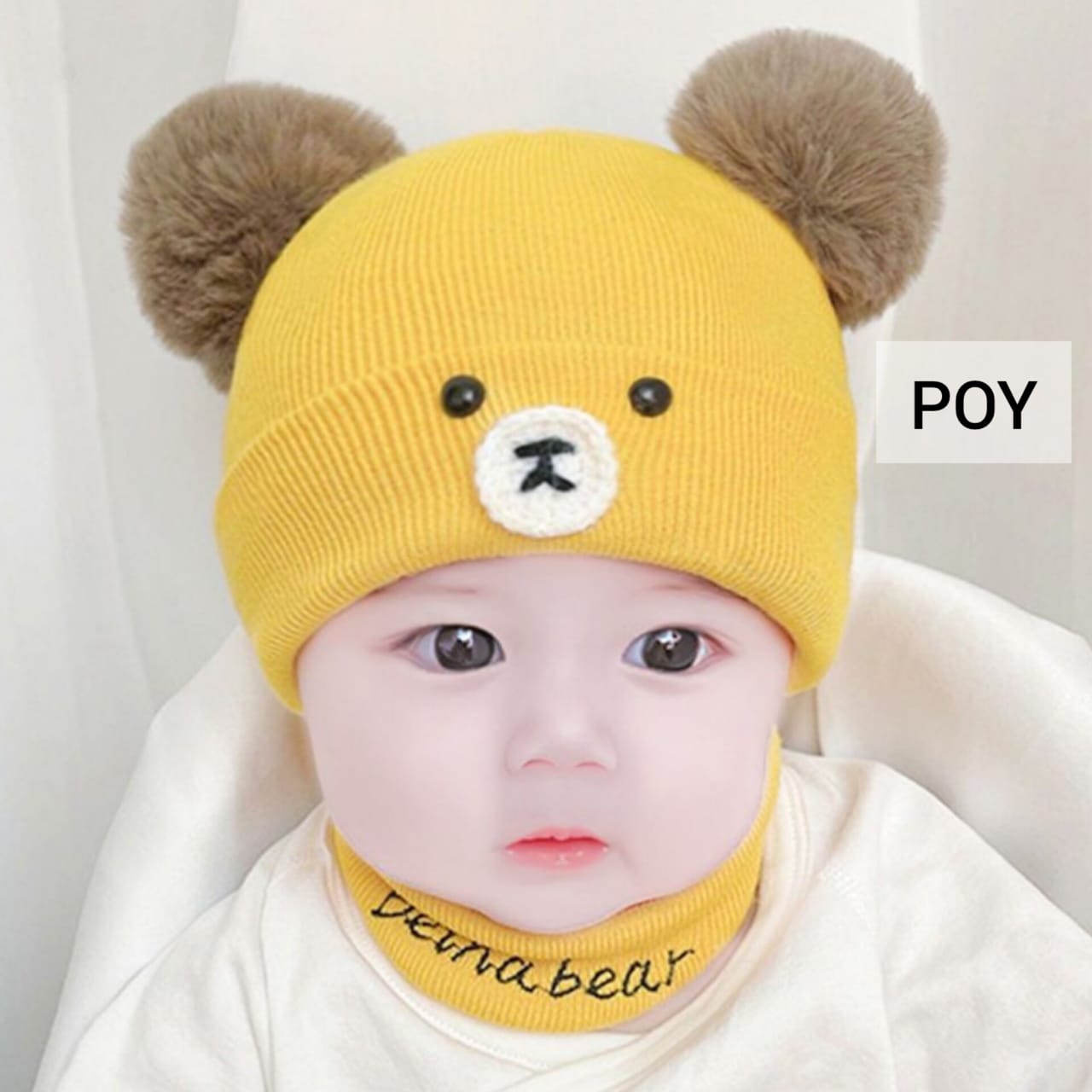 Cotton Pom Pom Bear Hats Scarf  Yellow  -POY