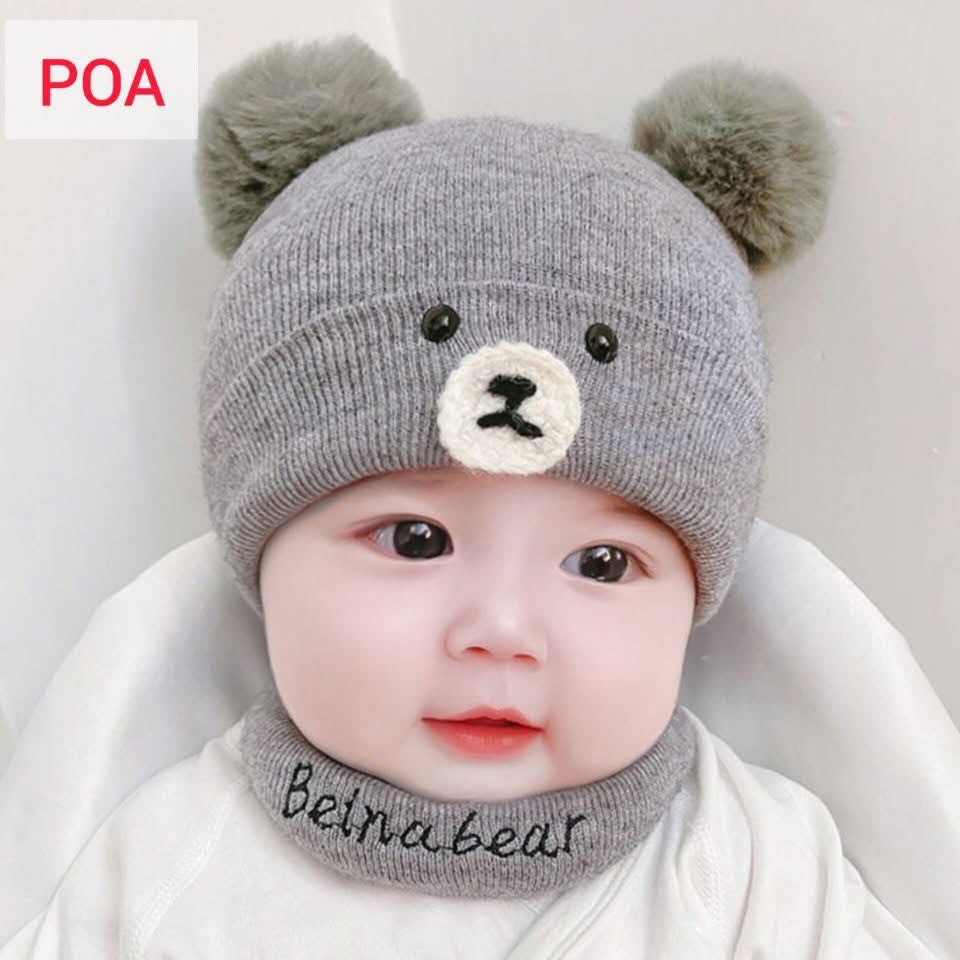 Cotton Pom Pom Bear Hats Scarf Ash  -POA