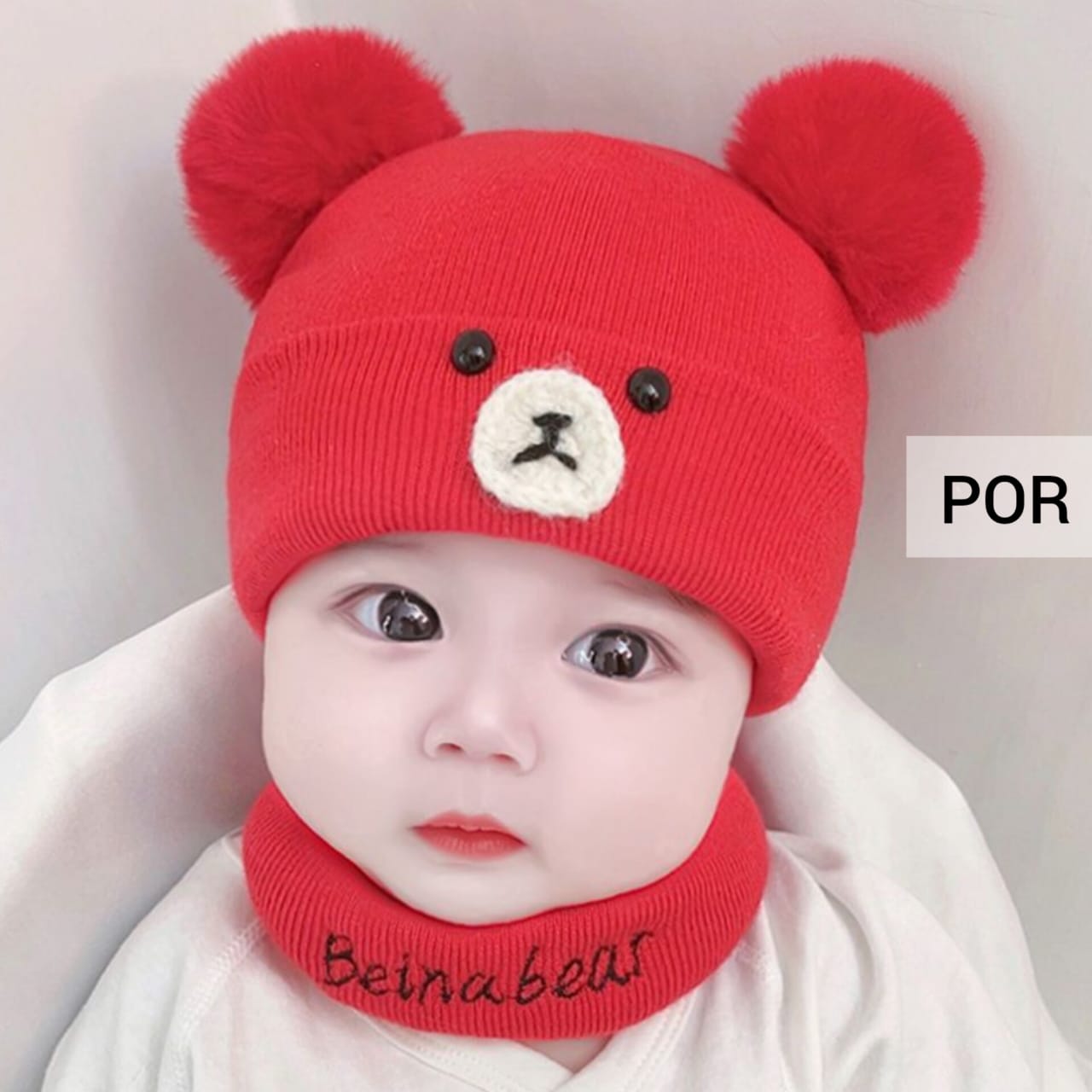 Cotton Pom Pom Bear Hats Scarf Red  -POR