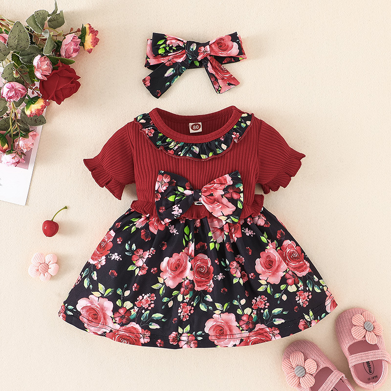 Girl Dress Frock Maroon Bow -FRMB-110